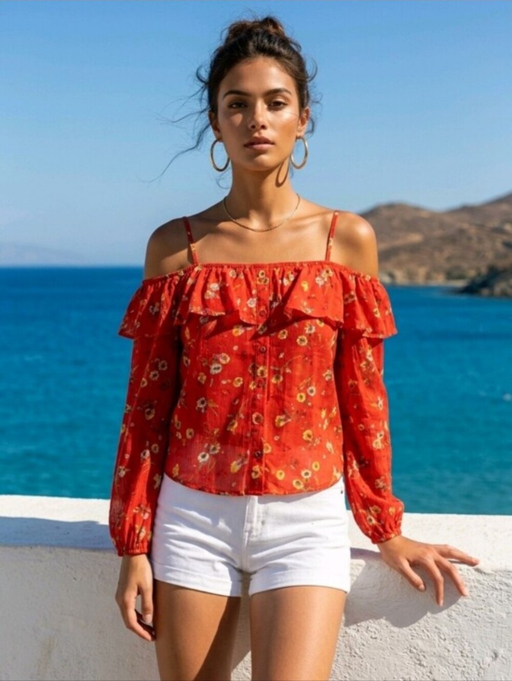 Maurices Red Floral Cold-Shoulder Ruffle Blouse Size Medium. Great Condition - Picture 5 of 16